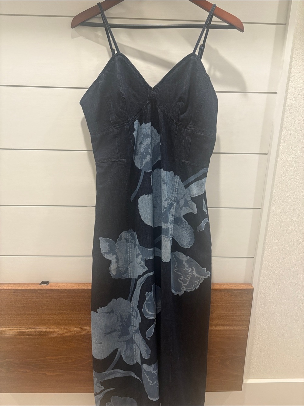 NWT Sundance Denim Maxi Dress with Light Blue Floral Print Pockets Size 14